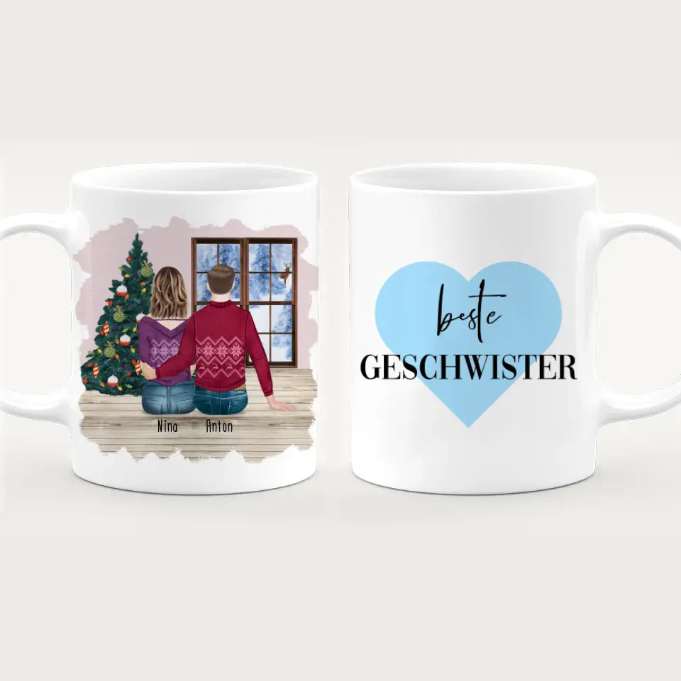 Personalisierte Tasse mit Bruder/Schwester (1 Schwester + 1 Bruder) - Weihnachtstasse