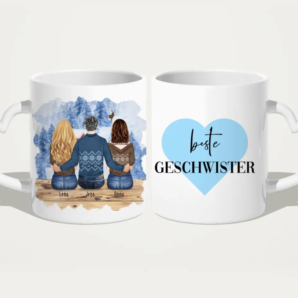 Personalisierte Tasse mit Bruder/Schwester (2 Schwester + 1 Bruder) - Weihnachtstasse