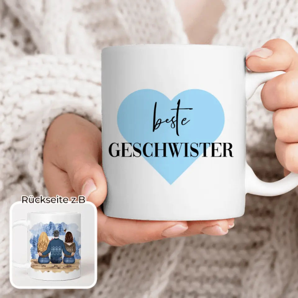 Personalisierte Tasse mit Bruder/Schwester (2 Schwester + 1 Bruder) - Weihnachtstasse