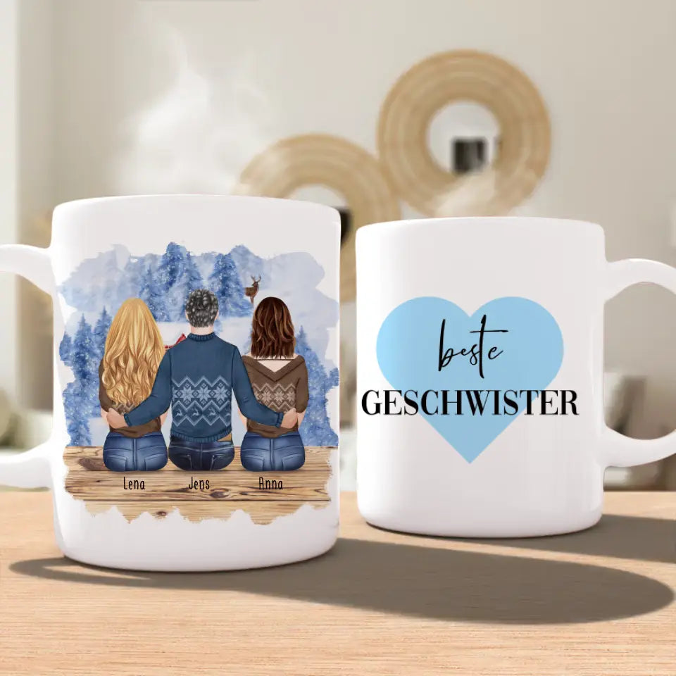 Personalisierte Tasse mit Bruder/Schwester (2 Schwester + 1 Bruder) - Weihnachtstasse