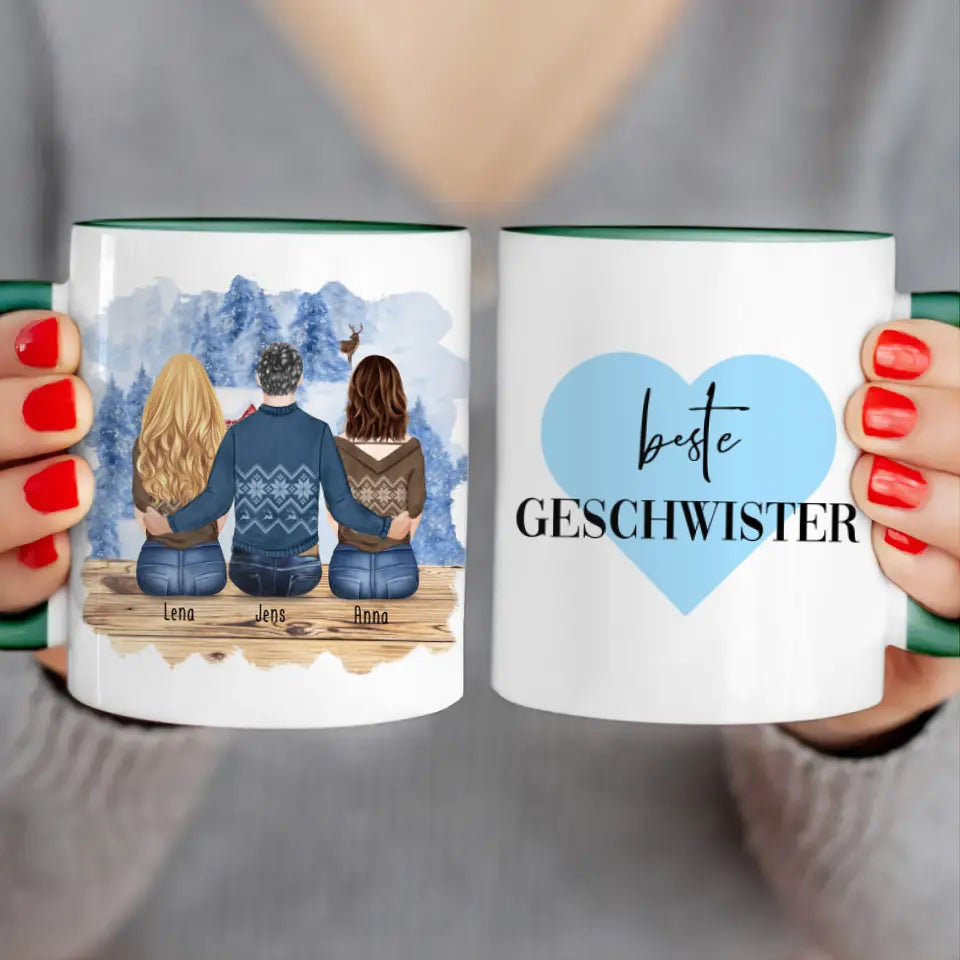 Personalisierte Tasse mit Bruder/Schwester (2 Schwester + 1 Bruder) - Weihnachtstasse