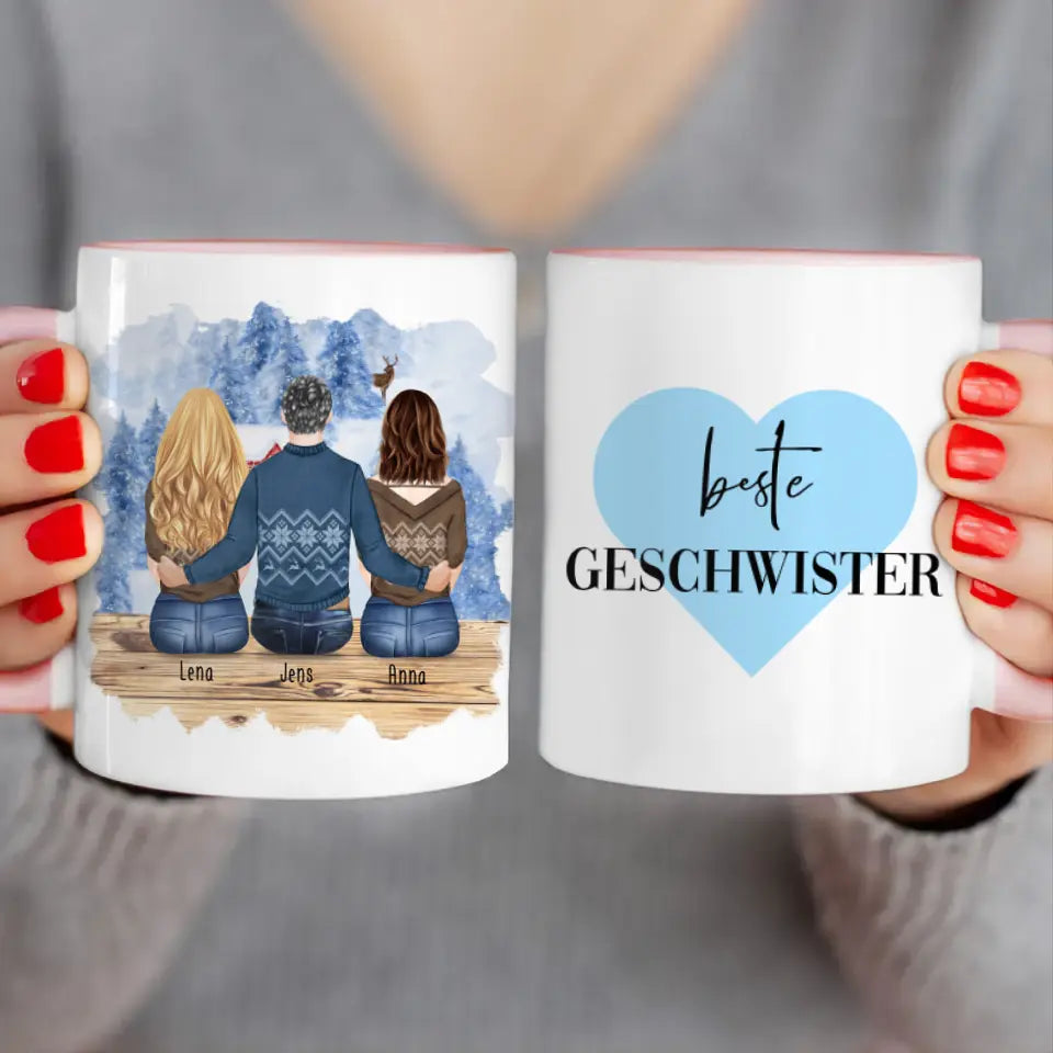 Personalisierte Tasse mit Bruder/Schwester (2 Schwester + 1 Bruder) - Weihnachtstasse