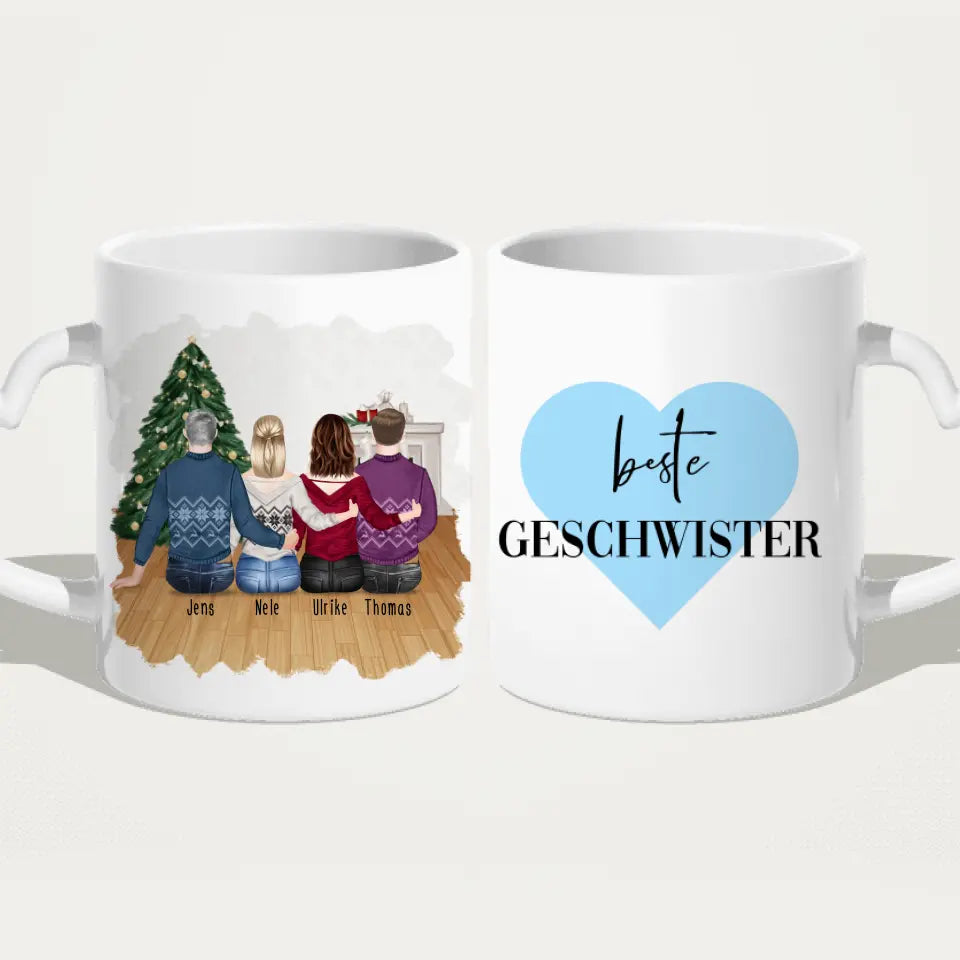 Personalisierte Tasse mit Bruder/Schwester (2 Schwestern + 2 Brüder) - Weihnachtstasse