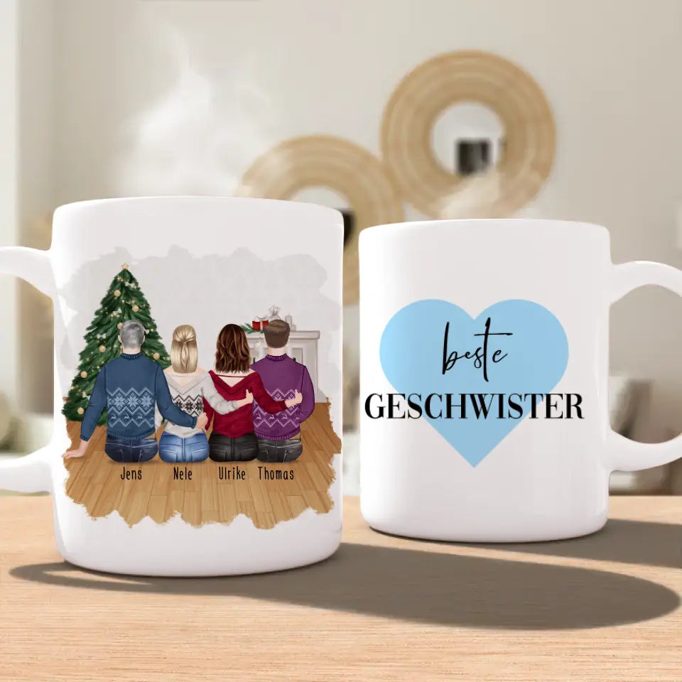 Personalisierte Tasse mit Bruder/Schwester (2 Schwestern + 2 Brüder) - Weihnachtstasse