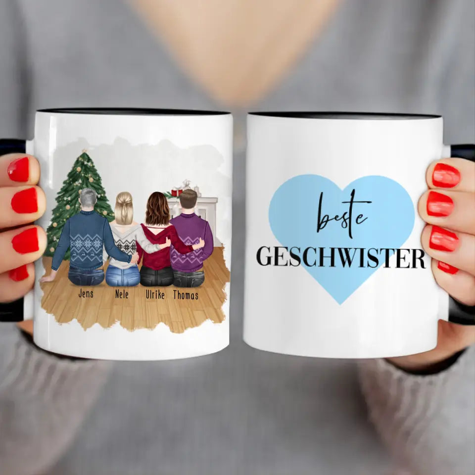 Personalisierte Tasse mit Bruder/Schwester (2 Schwestern + 2 Brüder) - Weihnachtstasse