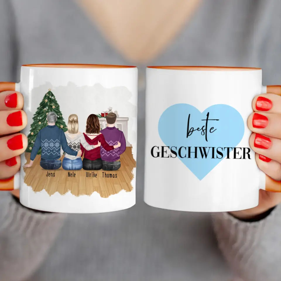 Personalisierte Tasse mit Bruder/Schwester (2 Schwestern + 2 Brüder) - Weihnachtstasse