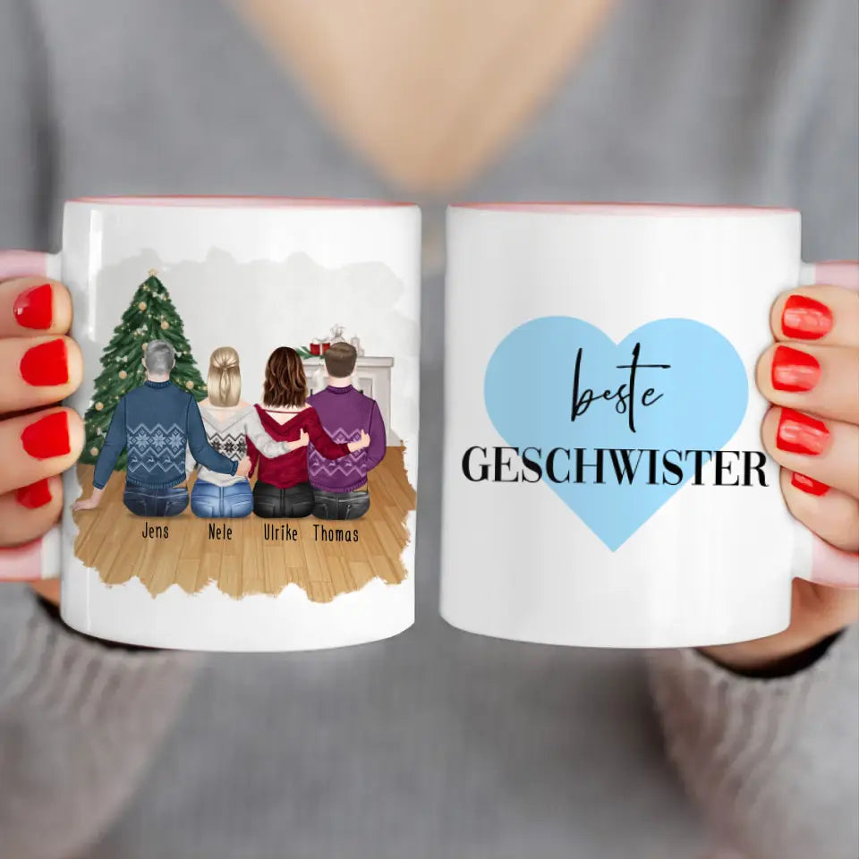Personalisierte Tasse mit Bruder/Schwester (2 Schwestern + 2 Brüder) - Weihnachtstasse