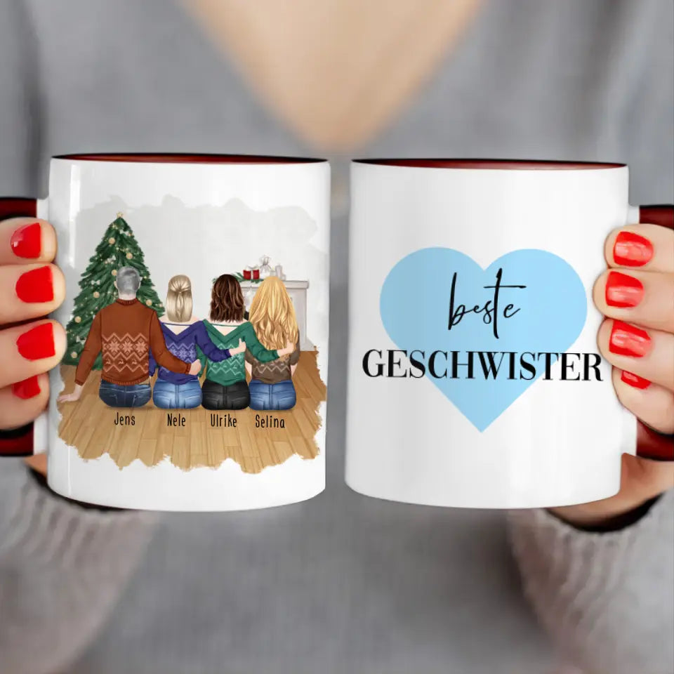 Personalisierte Tasse mit Bruder/Schwester (3 Schwestern + 1 Bruder) - Weihnachtstasse