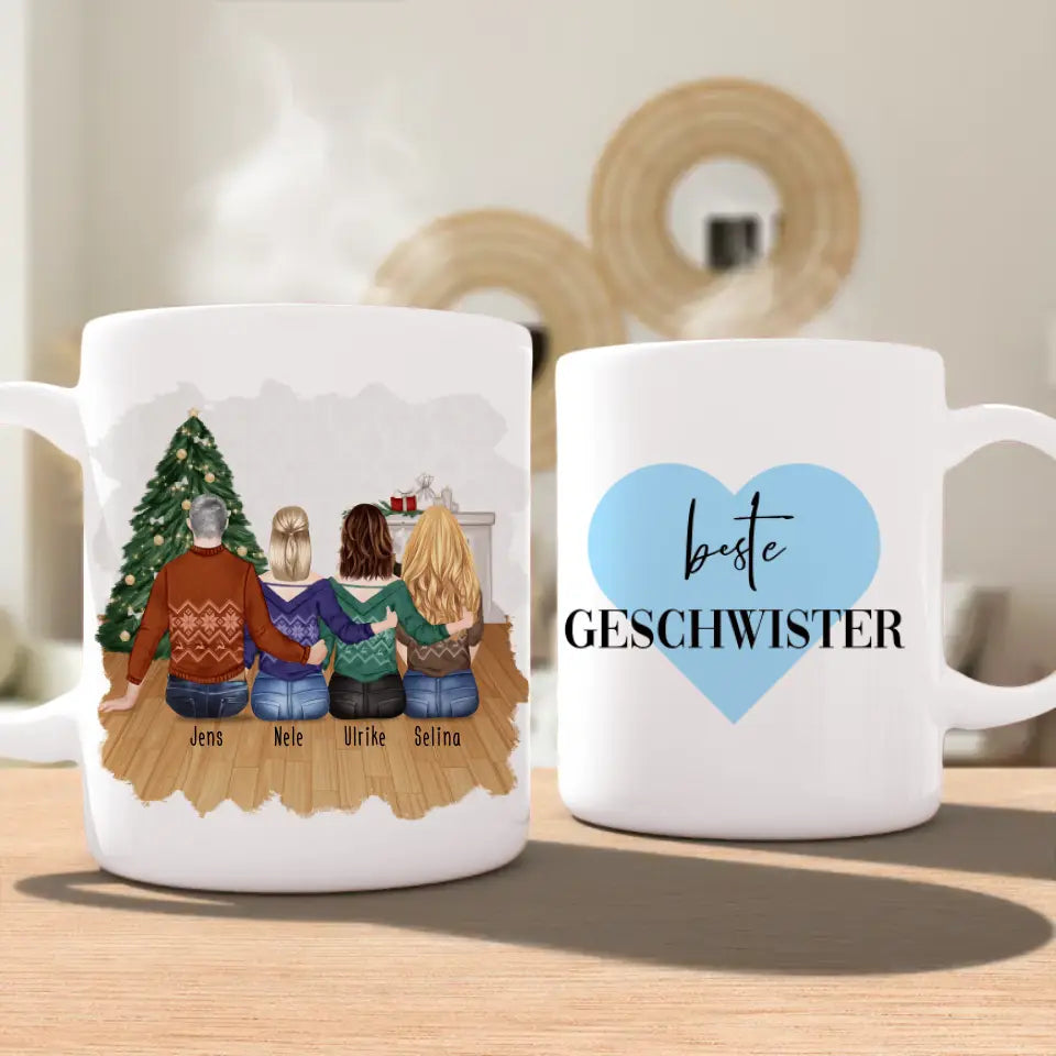 Personalisierte Tasse mit Bruder/Schwester (3 Schwestern + 1 Bruder) - Weihnachtstasse