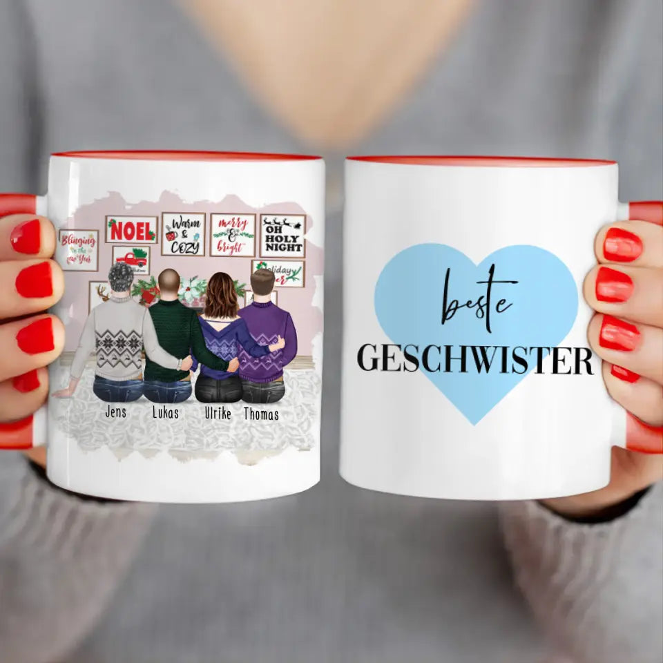 Personalisierte Tasse mit Bruder/Schwester (1 Schwester + 3 Brüder) - Weihnachtstasse