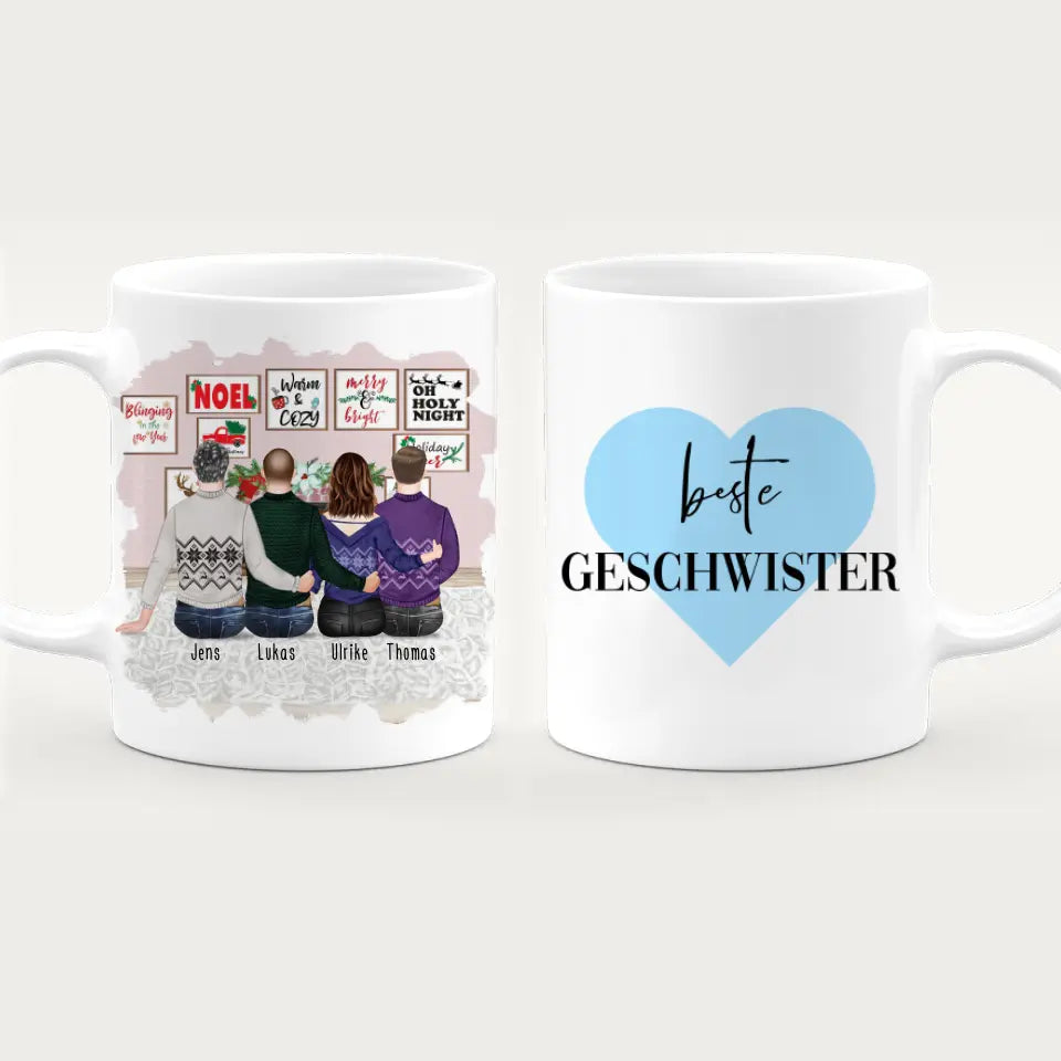 Personalisierte Tasse mit Bruder/Schwester (1 Schwester + 3 Brüder) - Weihnachtstasse