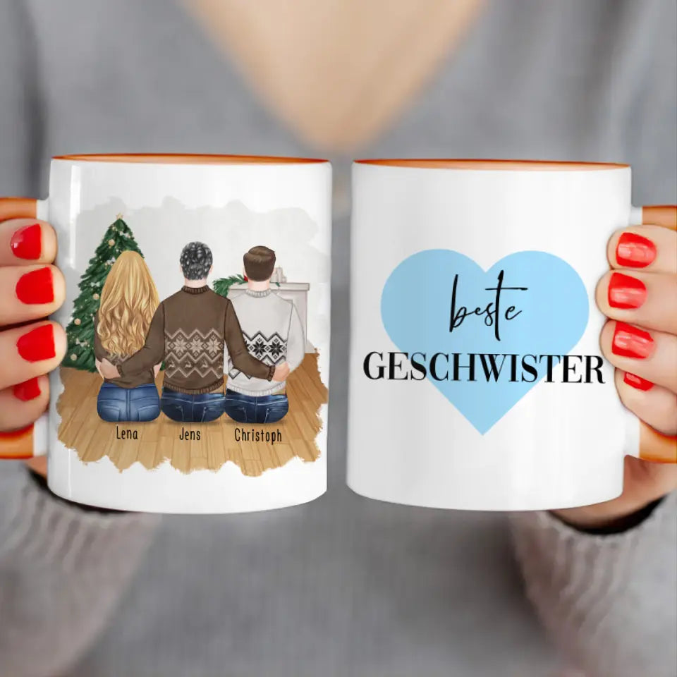 Personalisierte Tasse mit Bruder/Schwester (1 Schwester + 2 Brüder) - Weihnachtstasse