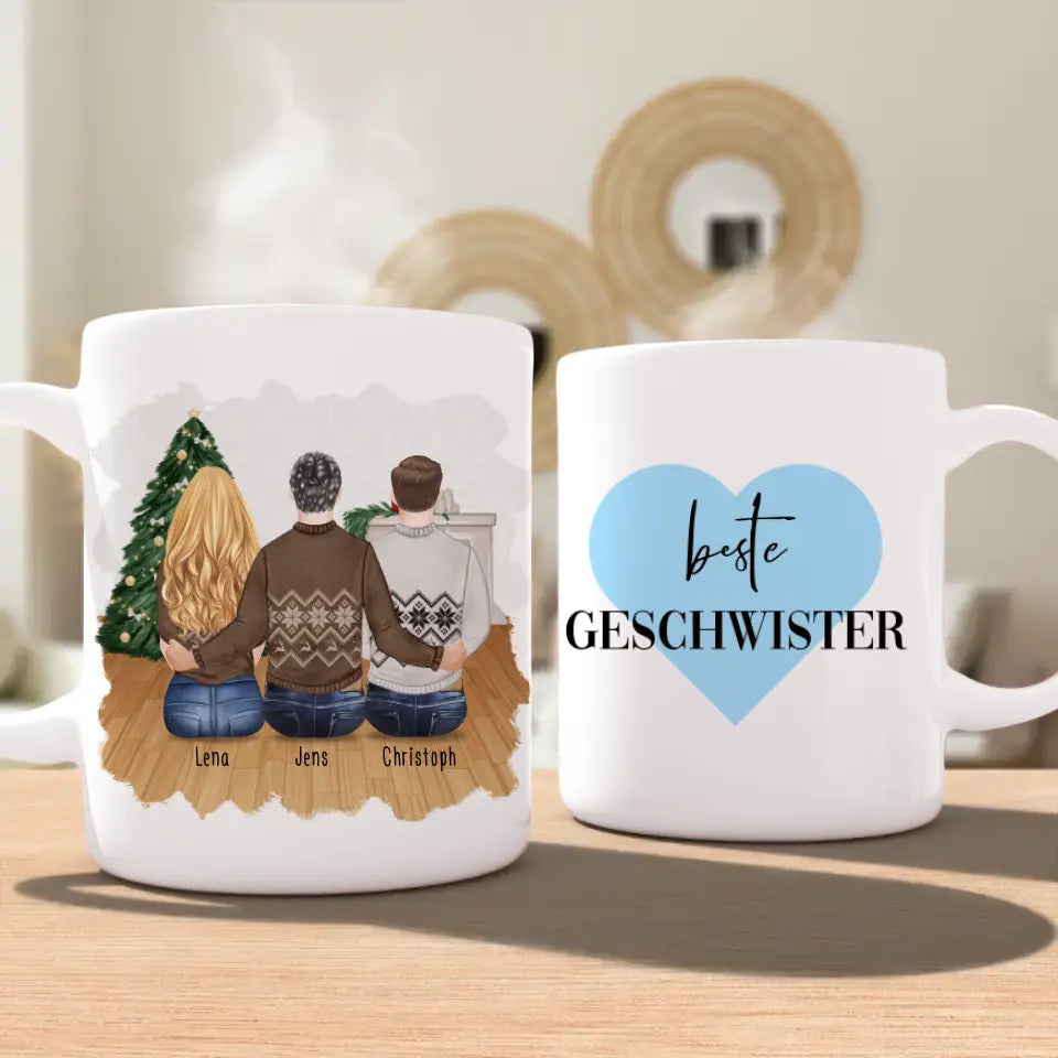 Personalisierte Tasse mit Bruder/Schwester (1 Schwester + 2 Brüder) - Weihnachtstasse