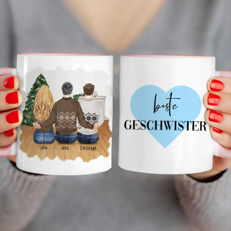 Personalisierte Tasse mit Bruder/Schwester (1 Schwester + 2 Brüder) - Weihnachtstasse