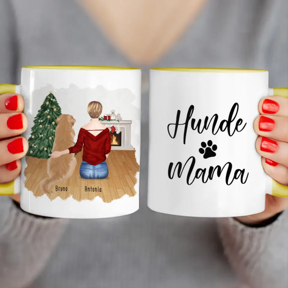 Personalisierte Tasse mit Hund und Frau (1 Hund + 1 Frau) - Weihnachtstasse