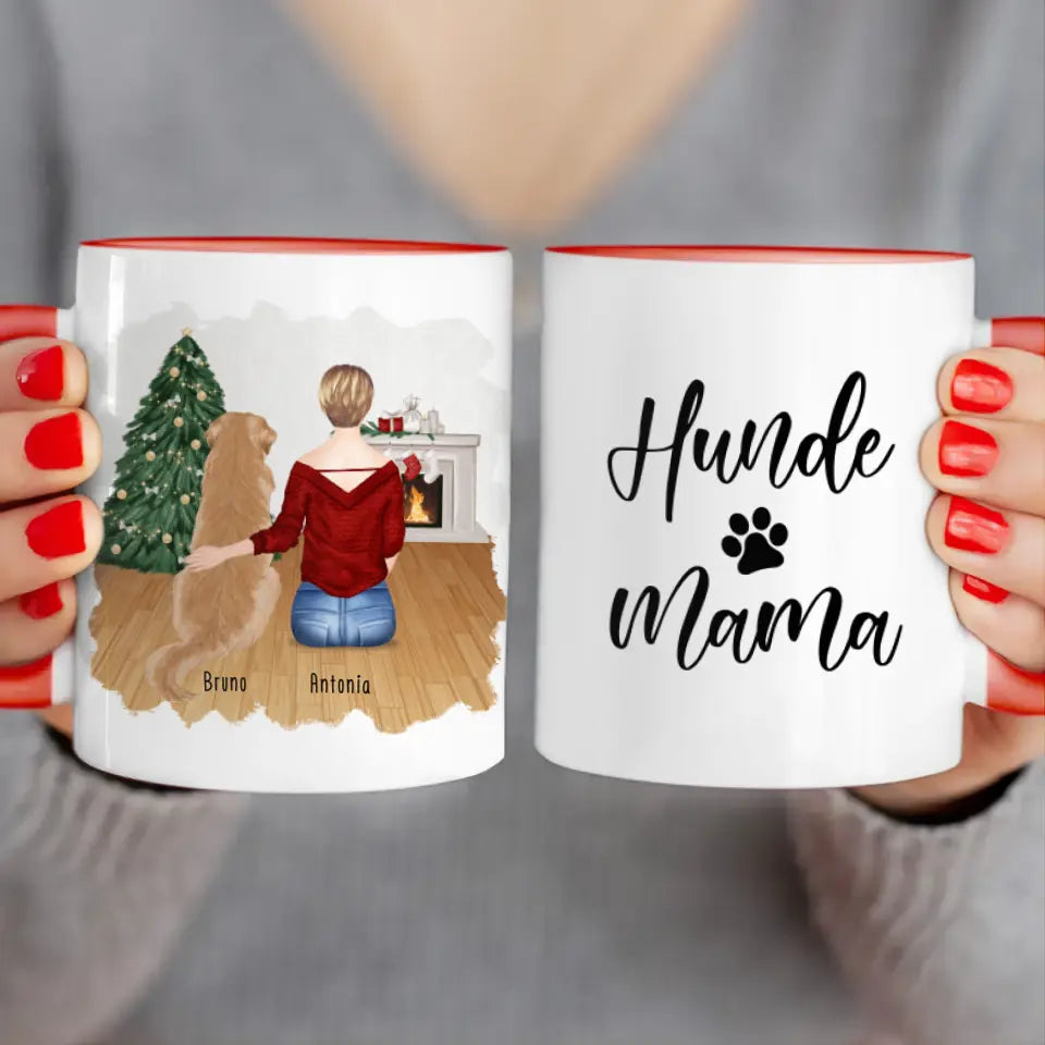 Personalisierte Tasse mit Hund und Frau (1 Hund + 1 Frau) - Weihnachtstasse