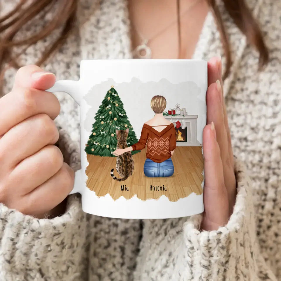 Personalisierte Tasse mit Katze und Frau (1 Katze + 1 Frau) - Weihnachtstasse