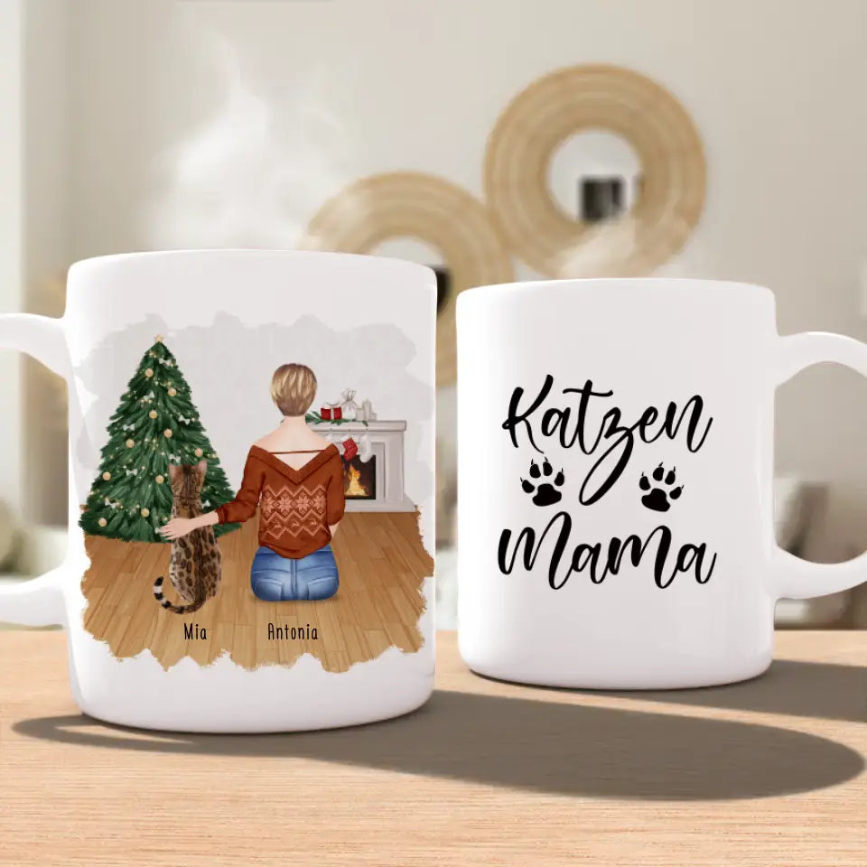 Personalisierte Tasse mit Katze und Frau (1 Katze + 1 Frau) - Weihnachtstasse