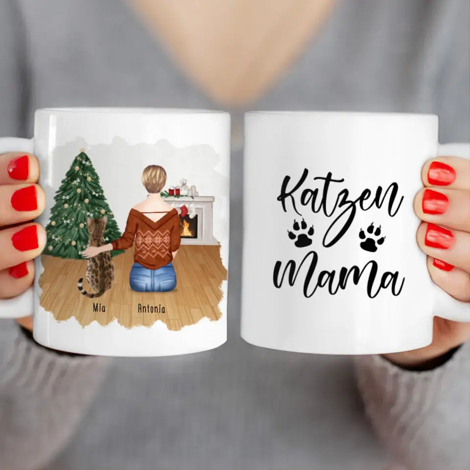 Personalisierte Tasse mit Katze und Frau (1 Katze + 1 Frau) - Weihnachtstasse