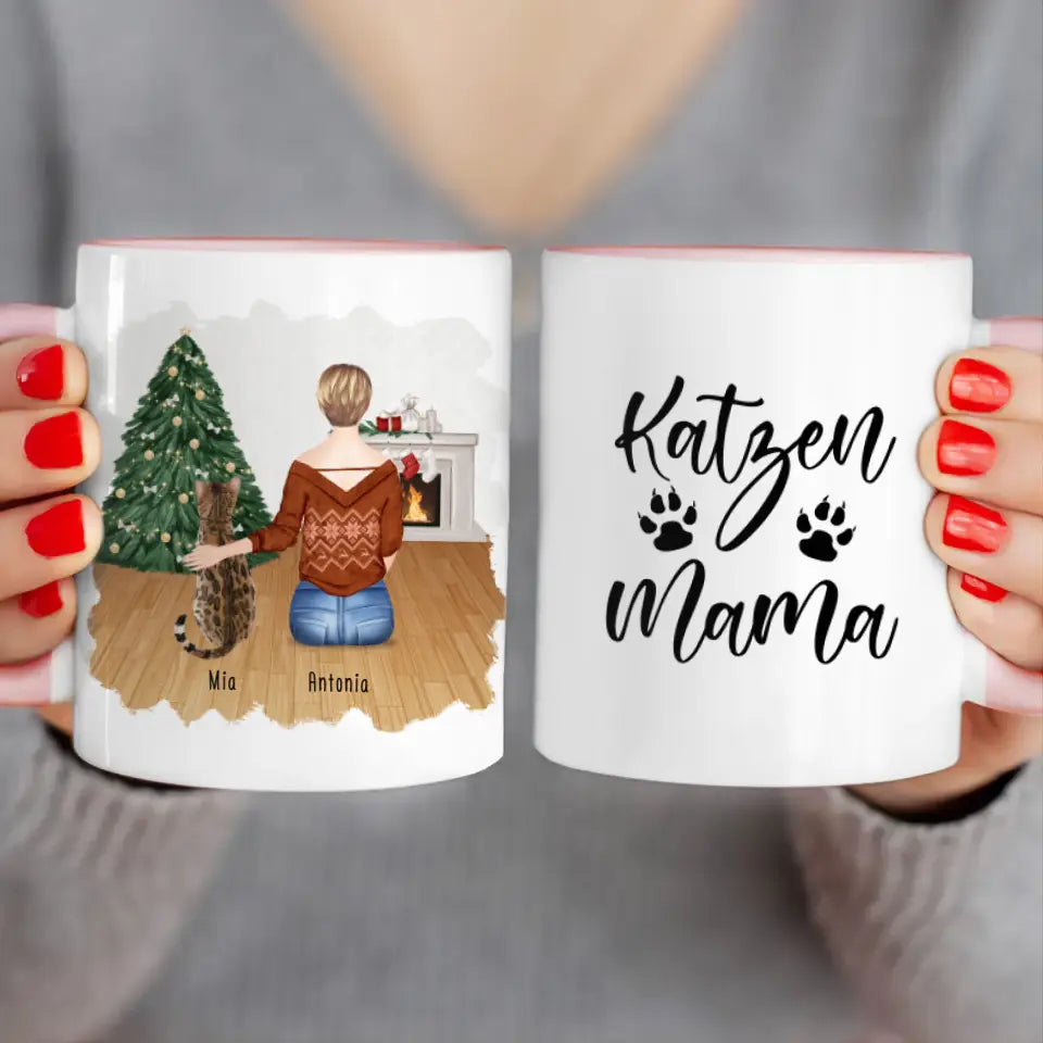 Personalisierte Tasse mit Katze und Frau (1 Katze + 1 Frau) - Weihnachtstasse