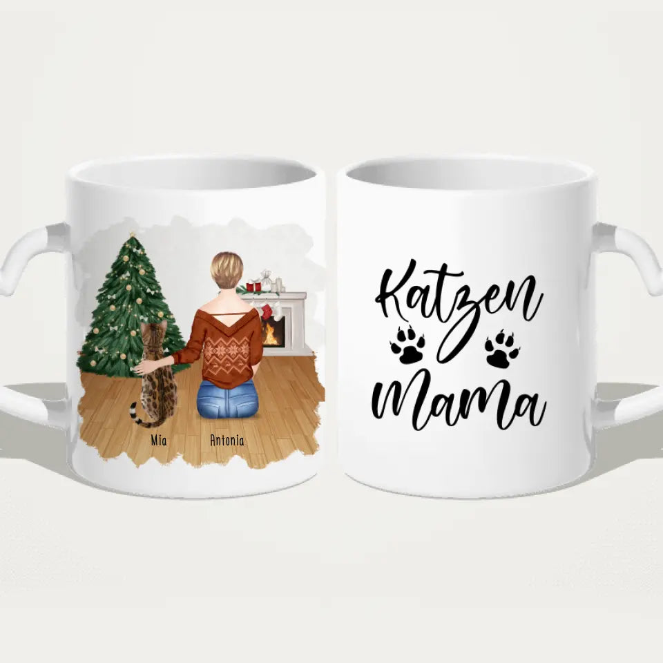 Personalisierte Tasse mit Katze und Frau (1 Katze + 1 Frau) - Weihnachtstasse