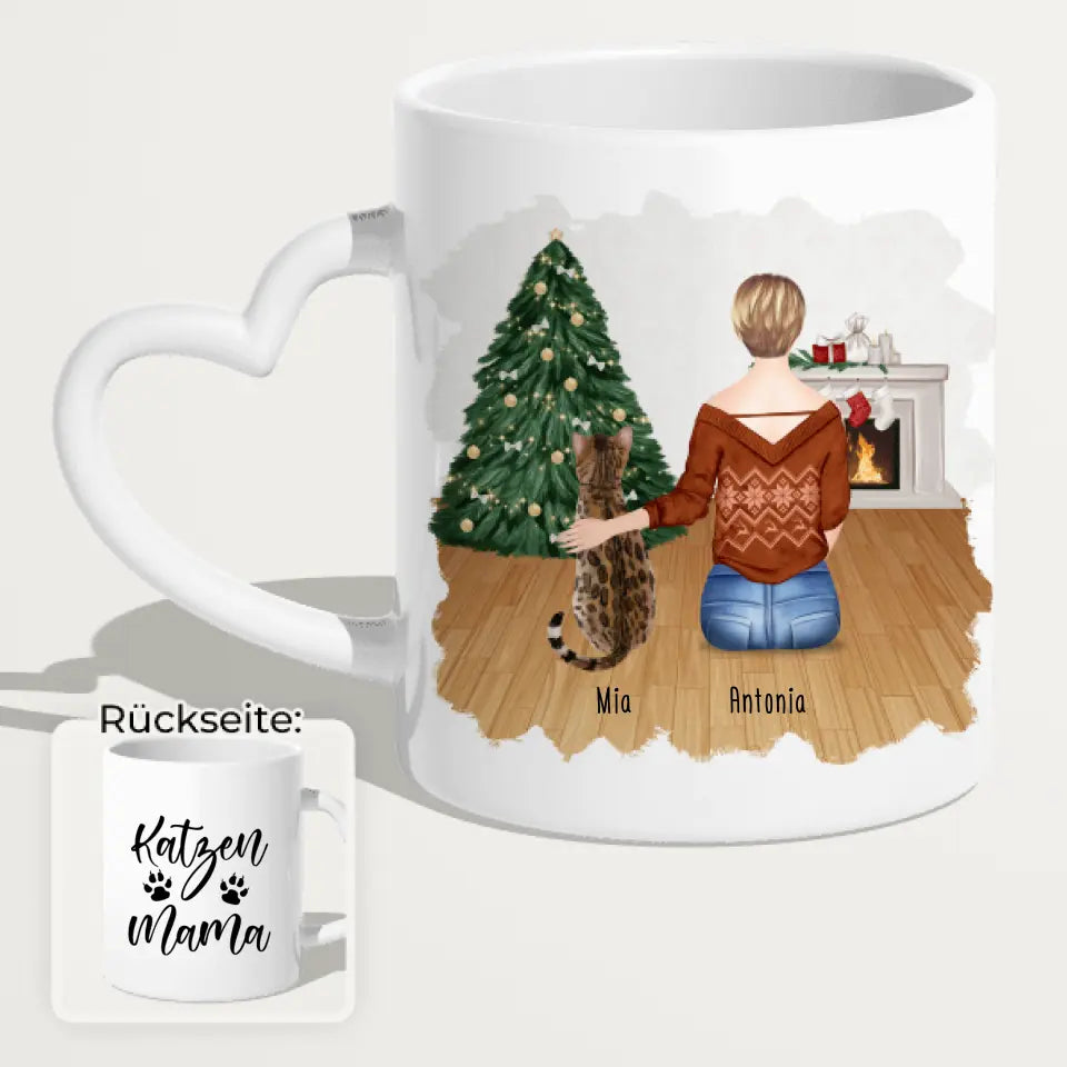 Personalisierte Tasse mit Katze und Frau (1 Katze + 1 Frau) - Weihnachtstasse