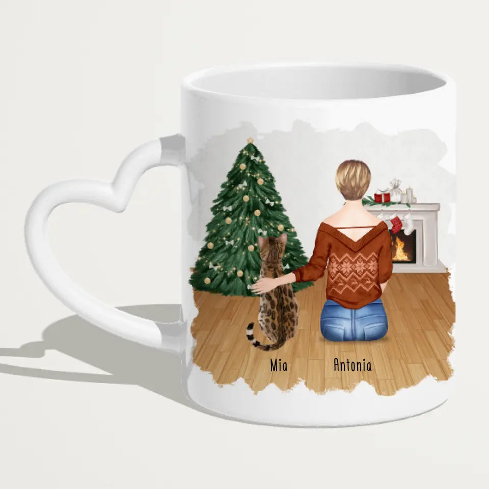 Personalisierte Tasse mit Katze und Frau (1 Katze + 1 Frau) - Weihnachtstasse