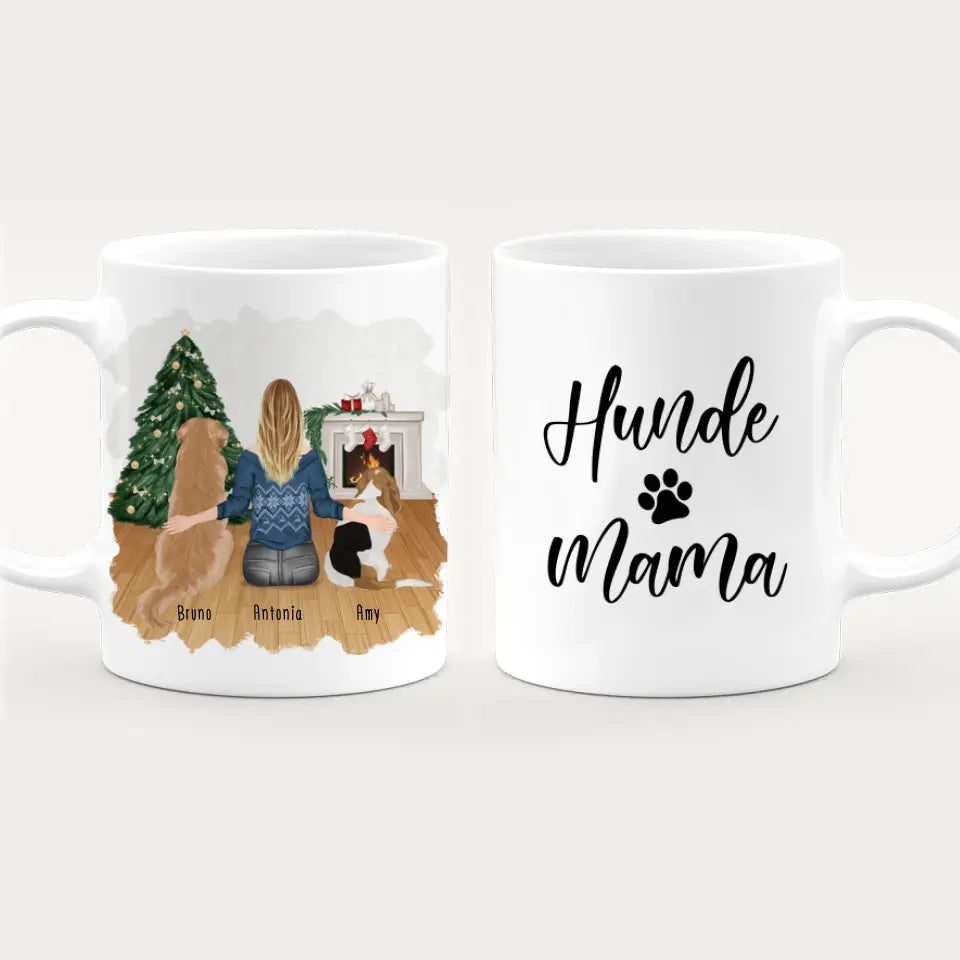 Personalisierte Tasse mit Hund und Frau (2 Hunde + 1 Frau) - Weihnachtstasse