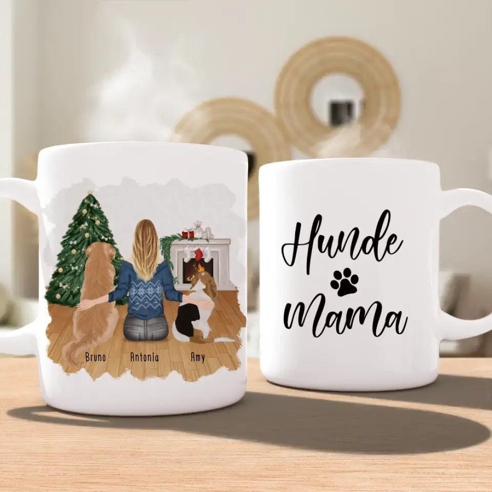 Personalisierte Tasse mit Hund und Frau (2 Hunde + 1 Frau) - Weihnachtstasse