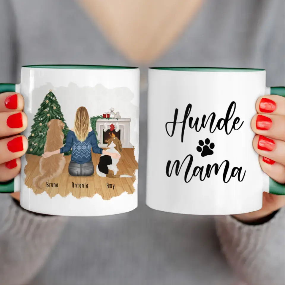 Personalisierte Tasse mit Hund und Frau (2 Hunde + 1 Frau) - Weihnachtstasse