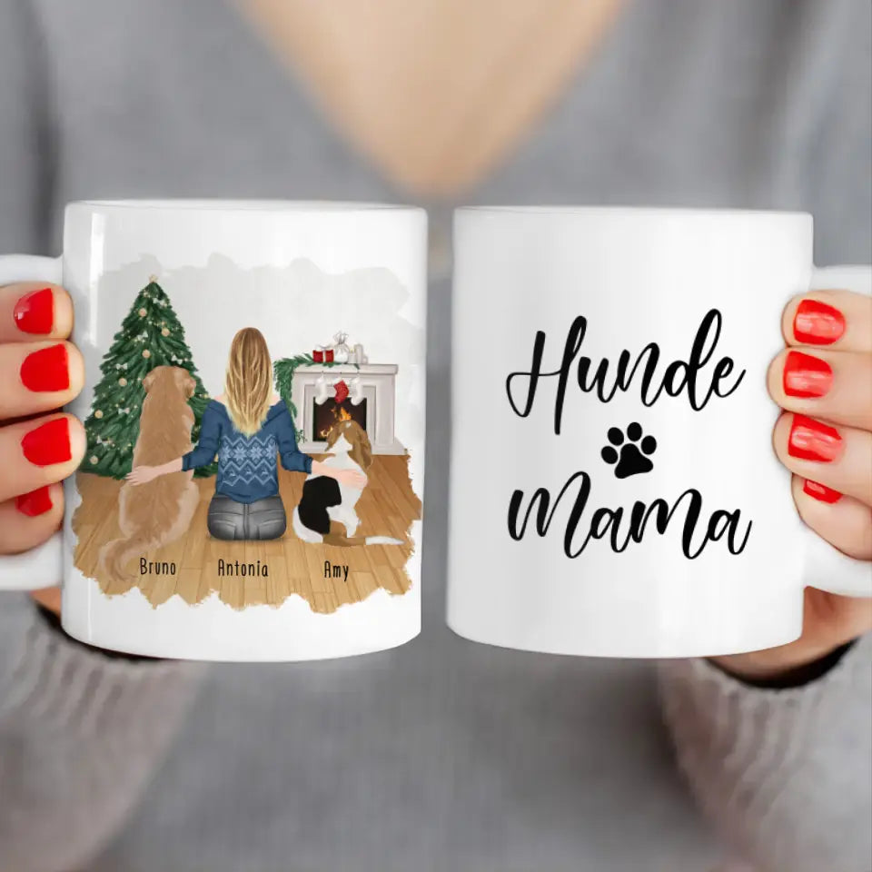 Personalisierte Tasse mit Hund und Frau (2 Hunde + 1 Frau) - Weihnachtstasse