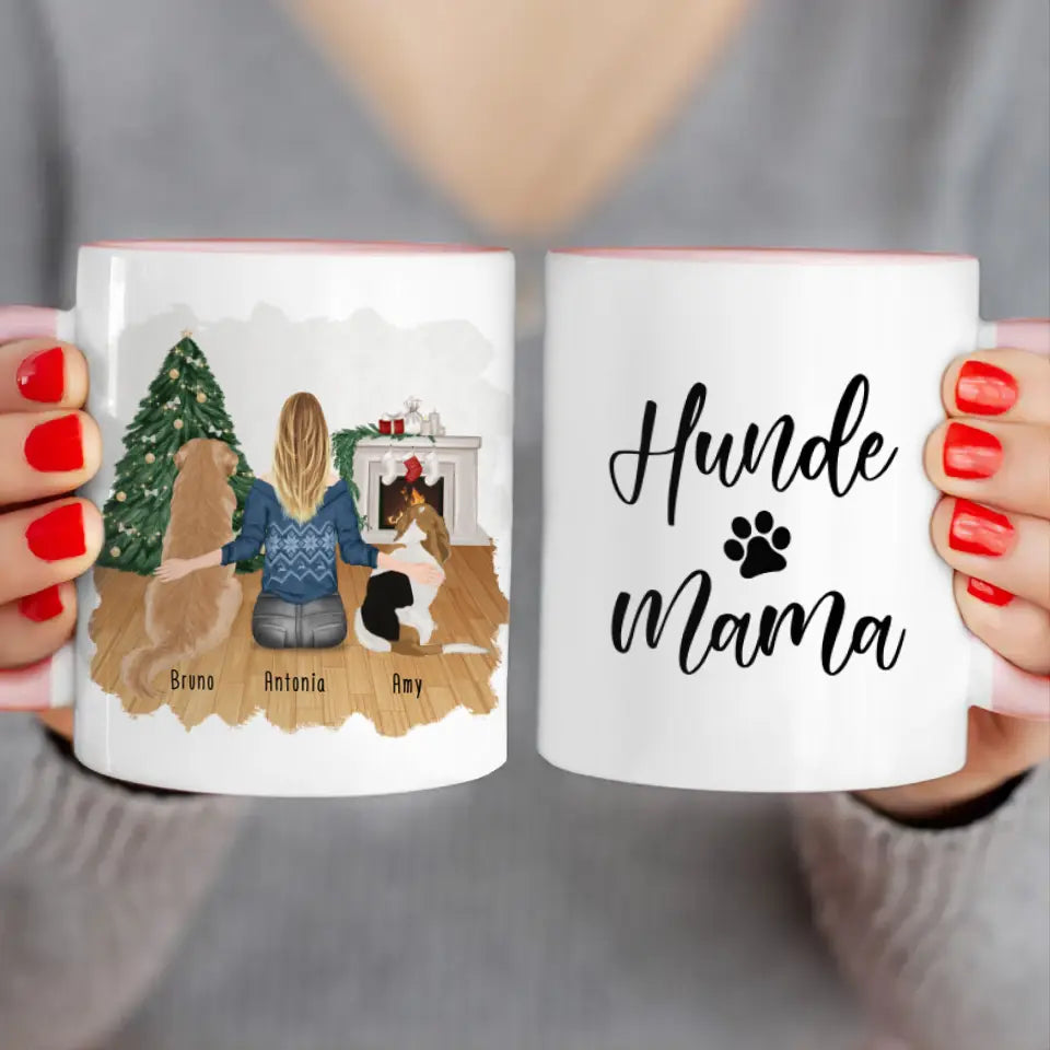 Personalisierte Tasse mit Hund und Frau (2 Hunde + 1 Frau) - Weihnachtstasse