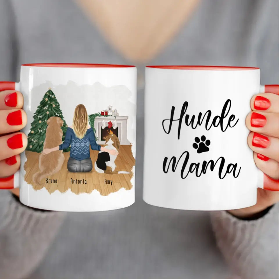 Personalisierte Tasse mit Hund und Frau (2 Hunde + 1 Frau) - Weihnachtstasse