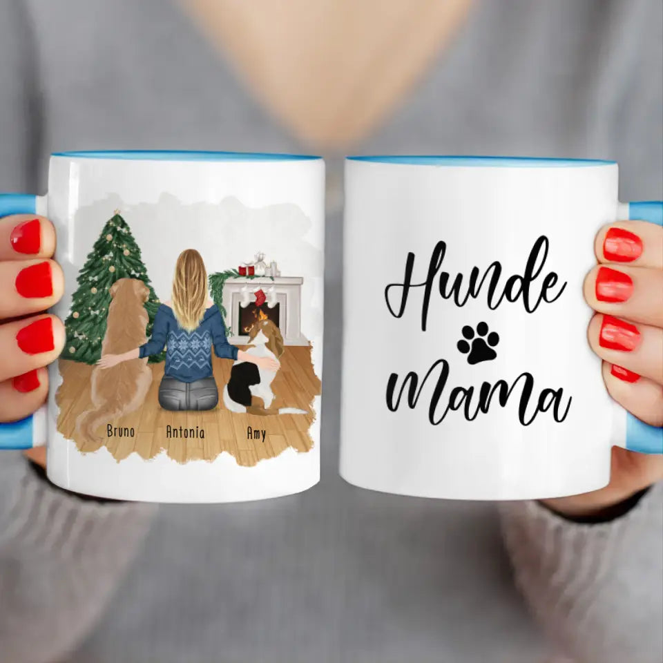 Personalisierte Tasse mit Hund und Frau (2 Hunde + 1 Frau) - Weihnachtstasse