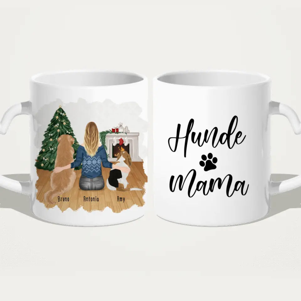 Personalisierte Tasse mit Hund und Frau (2 Hunde + 1 Frau) - Weihnachtstasse