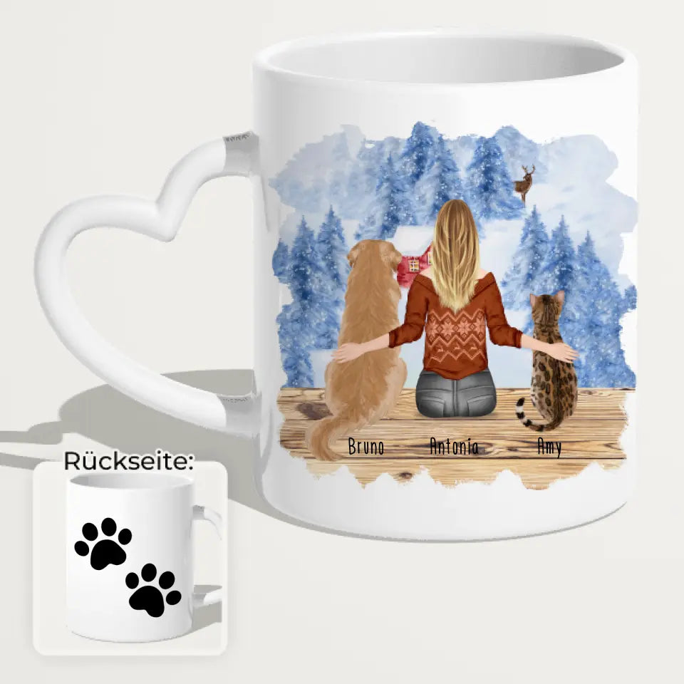 Personalisierte Tasse mit Hund/Katze/Frau (1 Hunde + 1 Katze + 1 Frau) - Weihnachtstasse