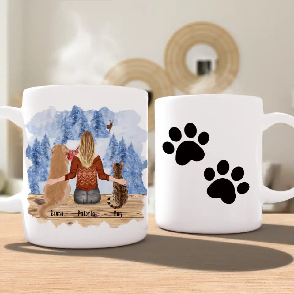 Personalisierte Tasse mit Hund/Katze/Frau (1 Hunde + 1 Katze + 1 Frau) - Weihnachtstasse