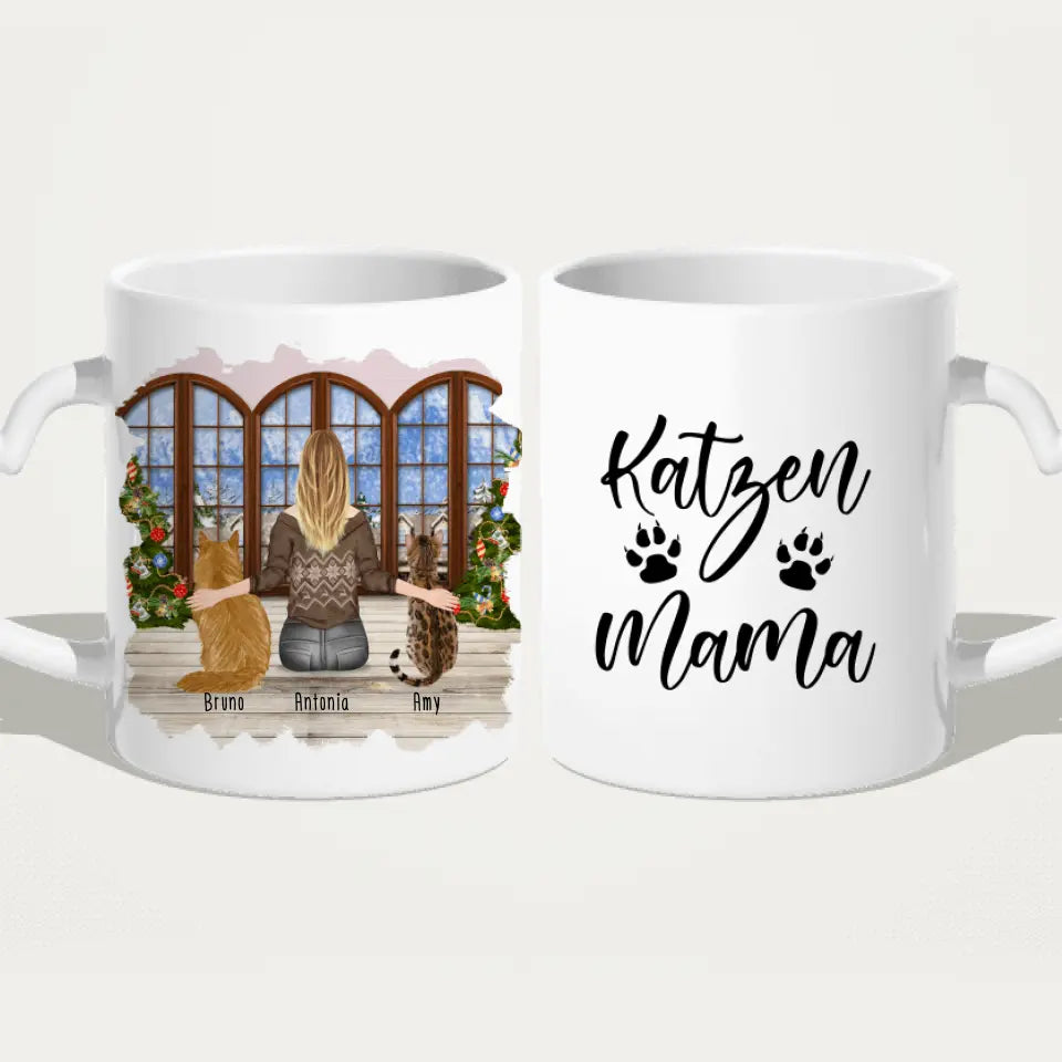 Personalisierte Tasse mit Katze und Frau (2 Katzen + 1 Frau) - Weihnachtstasse