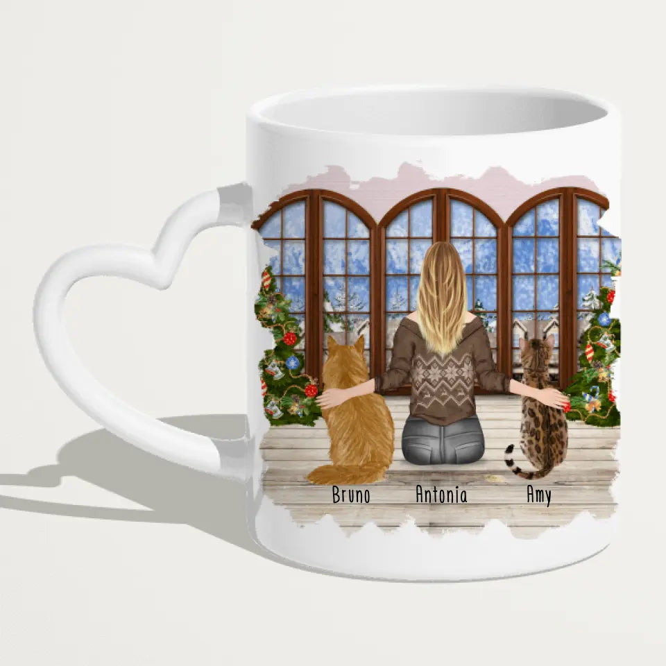 Personalisierte Tasse mit Katze und Frau (2 Katzen + 1 Frau) - Weihnachtstasse