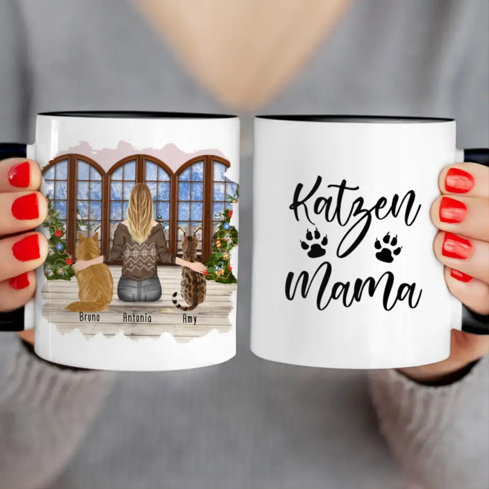 Personalisierte Tasse mit Katze und Frau (2 Katzen + 1 Frau) - Weihnachtstasse