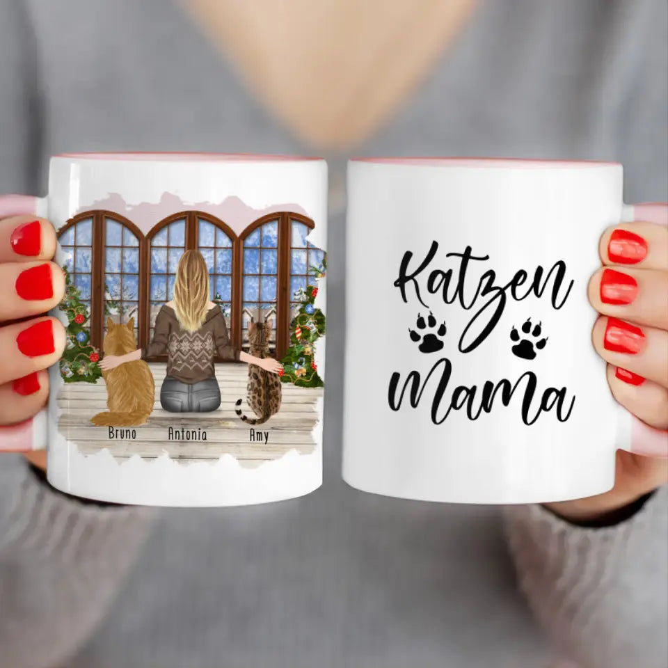 Personalisierte Tasse mit Katze und Frau (2 Katzen + 1 Frau) - Weihnachtstasse