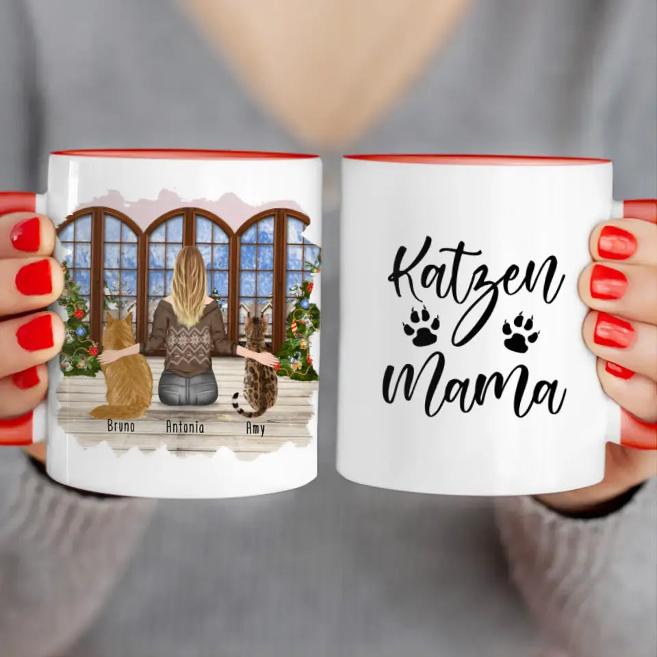 Personalisierte Tasse mit Katze und Frau (2 Katzen + 1 Frau) - Weihnachtstasse