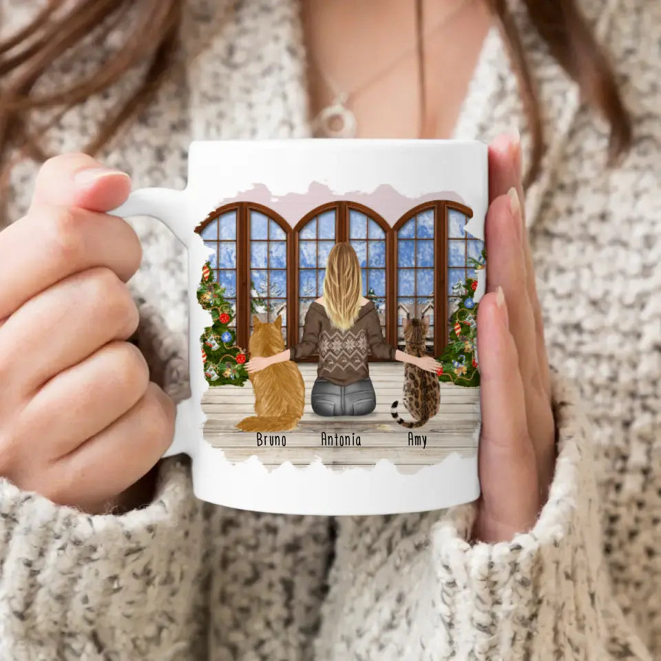 Personalisierte Tasse mit Katze und Frau (2 Katzen + 1 Frau) - Weihnachtstasse