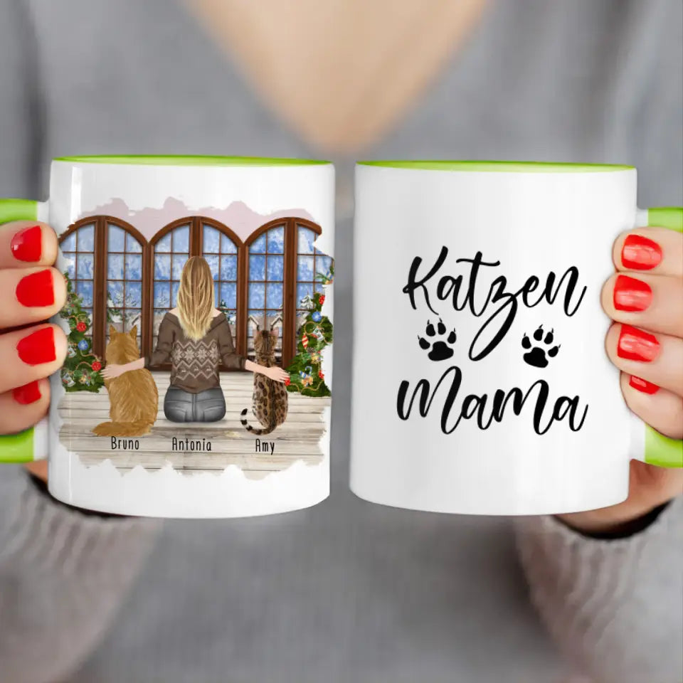 Personalisierte Tasse mit Katze und Frau (2 Katzen + 1 Frau) - Weihnachtstasse