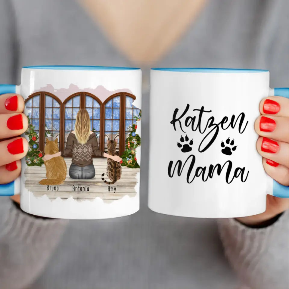 Personalisierte Tasse mit Katze und Frau (2 Katzen + 1 Frau) - Weihnachtstasse