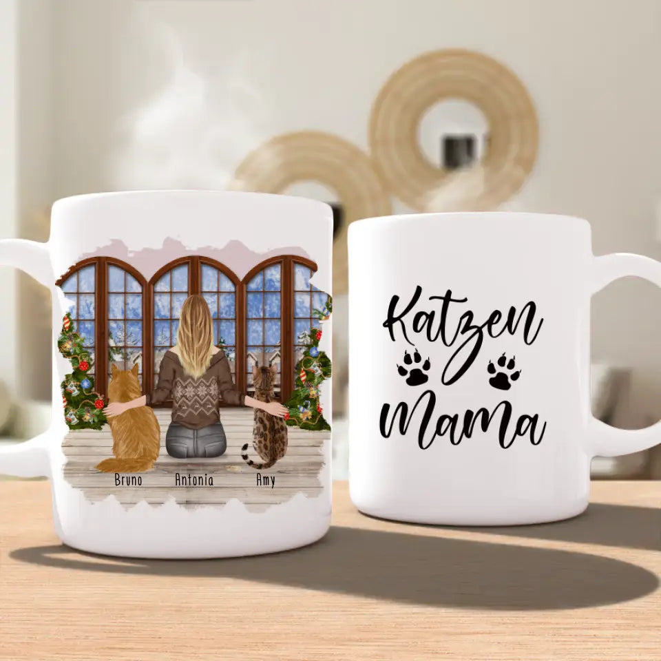 Personalisierte Tasse mit Katze und Frau (2 Katzen + 1 Frau) - Weihnachtstasse