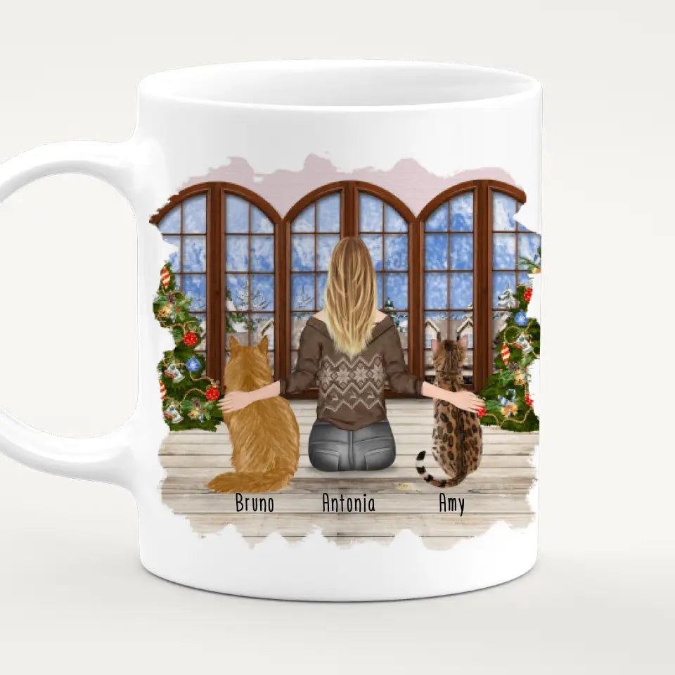 Personalisierte Tasse mit Katze und Frau (2 Katzen + 1 Frau) - Weihnachtstasse