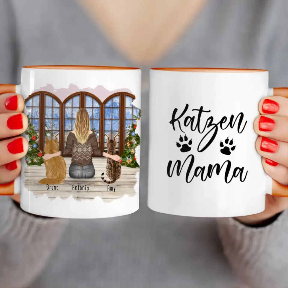 Personalisierte Tasse mit Katze und Frau (2 Katzen + 1 Frau) - Weihnachtstasse