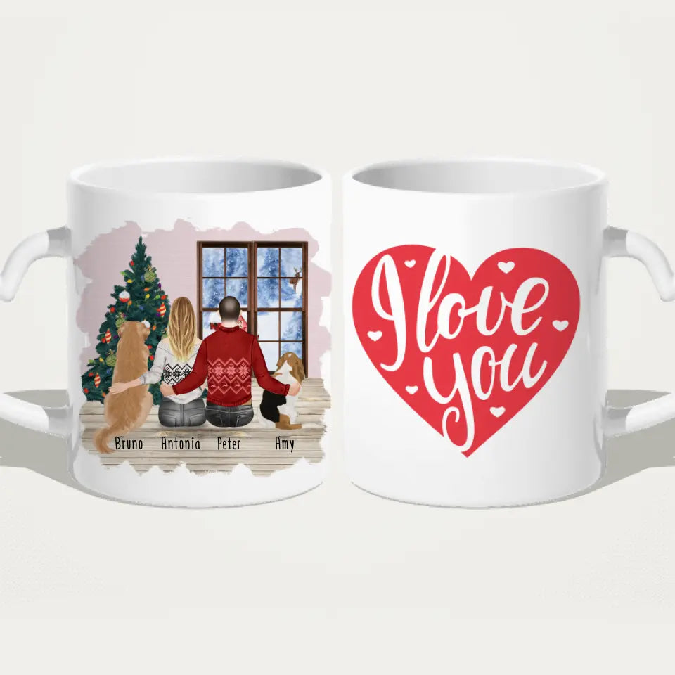 Personalisierte Tasse mit Pärchen und 2 Hunden - Weihnachtstasse