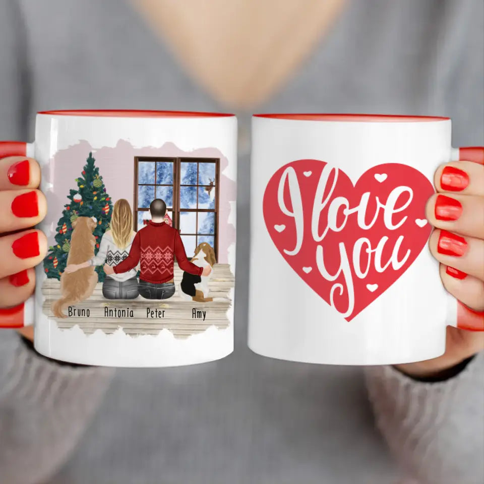 Personalisierte Tasse mit Pärchen und 2 Hunden - Weihnachtstasse